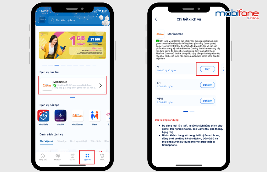 huy dich vu qua my mobifone