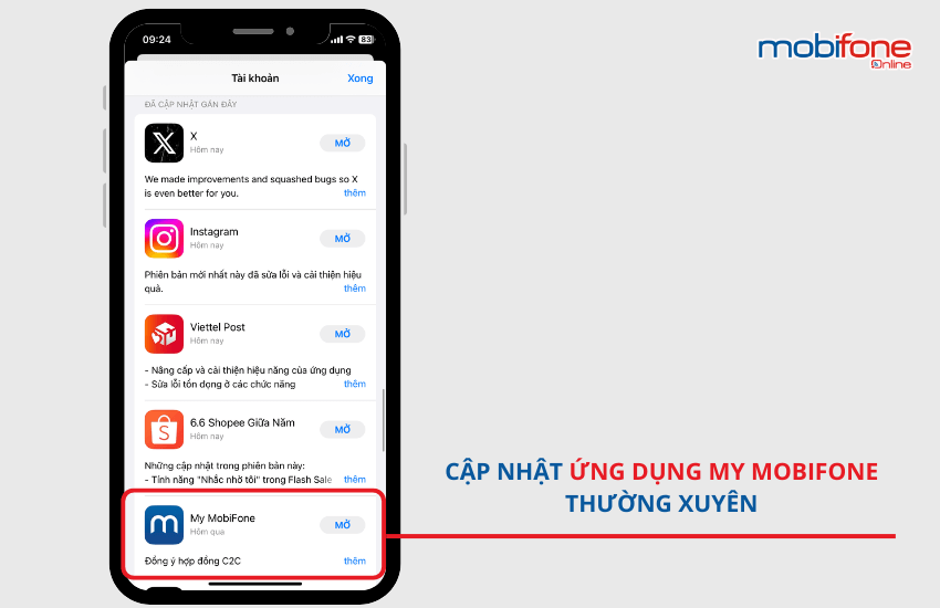 cap nhat ung dung my mobifone de thoat loi